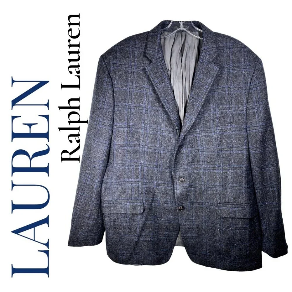 LAUREN RALPH LAUREN MEN’S 100% WOOL PLAID‎ BLAZER 2-BUTTON GRAY BLUE, SIZE 48R